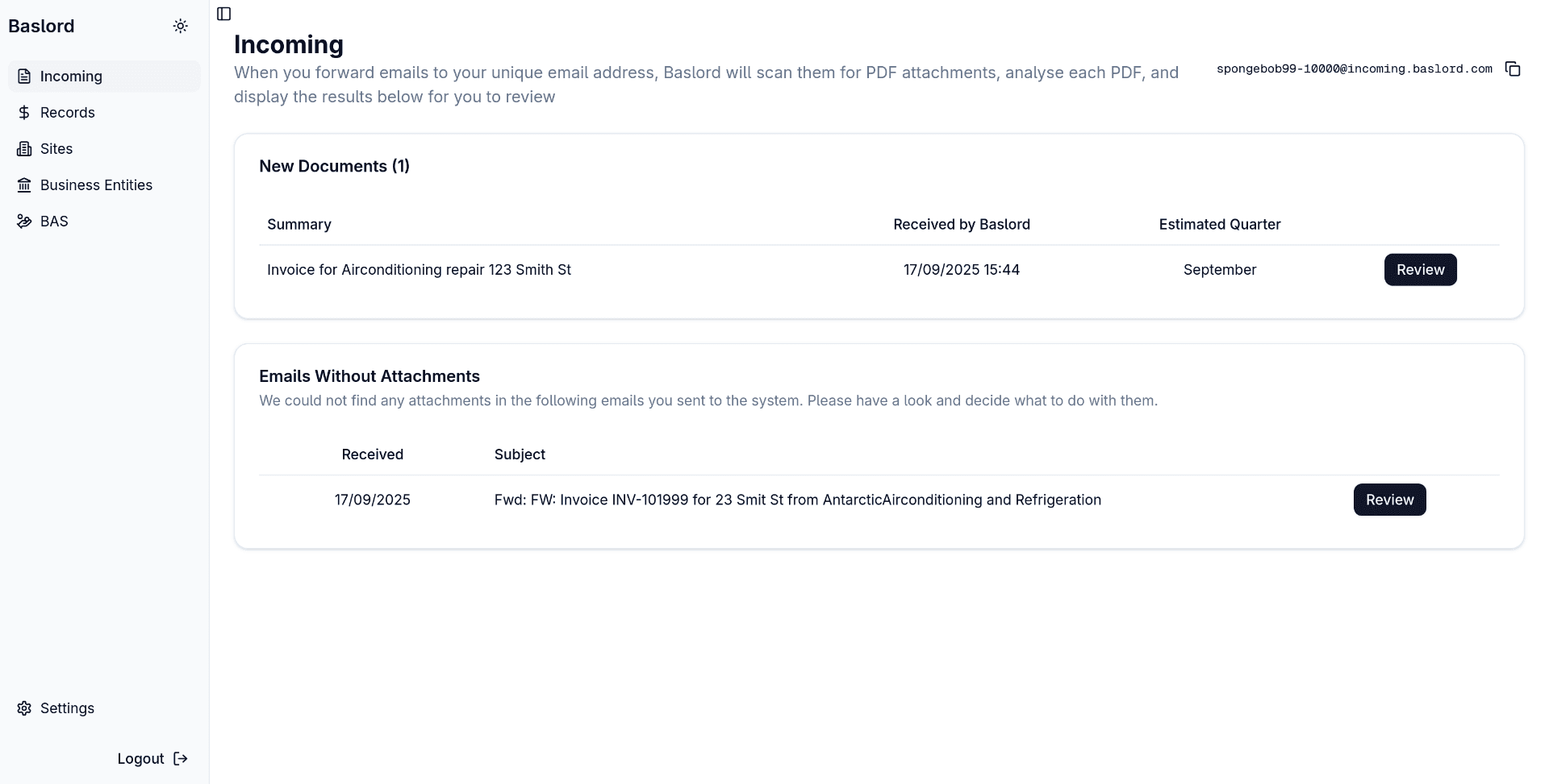 Review and confirm incoming invoices and receipts